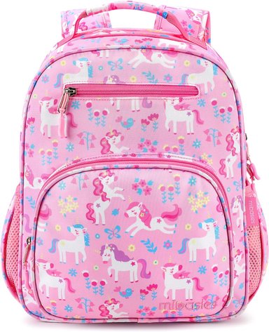 MOCHILA MIBASIES ROSADO NIÑOS Y NIÑAS IDEAL PREESCOLAR JARDÍN INFANTES UNICORNIO FLORES 14L
