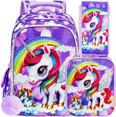 MOCHILA COMPRA FACIL MORADO 3 PIEZAS NIÑAS CON LONCHERA BOLSA LIBROS LENTEJUELAS 16 PULGADAS ESCOLAR