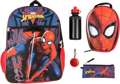 MOCHILA BIOWORLD MULTICOLOR MARVEL SPIDERMAN NIÑOS 16' 5PC BOTELLA DE AGUA ESCUELA COMBO SET IDO