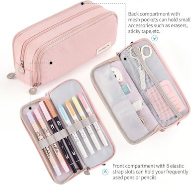 CICIMELON - ESTUCHE DE CAPACIDAD PARA LÁPICES CON 3 COMPARTIMENTOS PARA LA ESCUELA, ADOLESCENTE, NIÑA, HOMBRE Y MUJER - ROSADO - 3