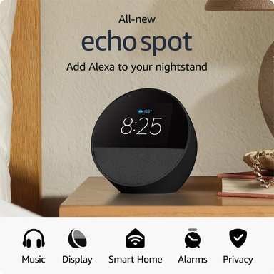 ASISTENTE VOZ AMAZON ECHO SPOT CON RELOJ 2024 NEGRO