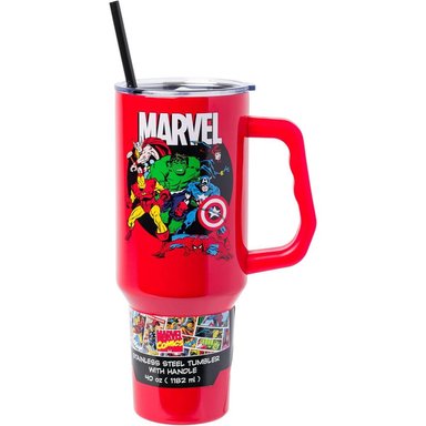 DISNEY | VASO DE ACERO INÓXIDABLE CON ASA Y PAJITA DE 40 OZ | MARVEL