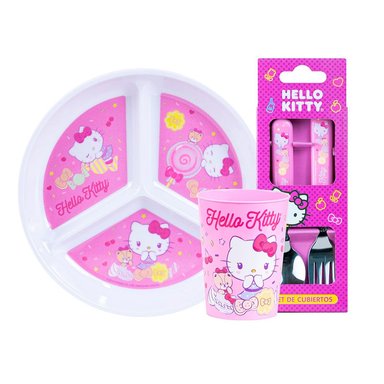 VAJILLA SET PLATO DIVISION HELLO KITTY+CUBIERTO+VASO SCOOL