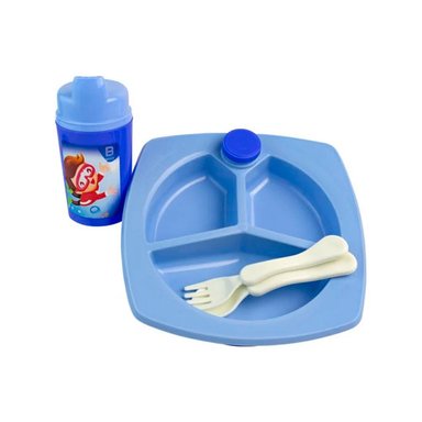 VAJILLA BEBE TERMICA BASA PDIVISION+VASO+CUBIERTO CELESTE