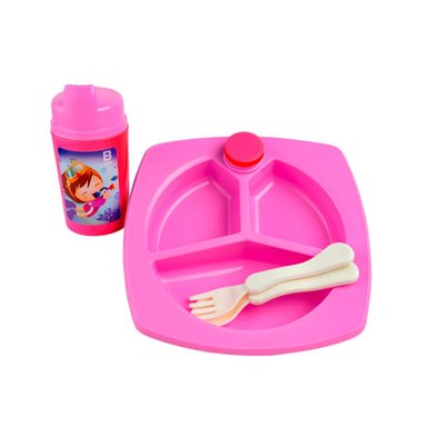 VAJILLA BEBE TERMICA BASA PDIVISION+VASO+CUBIERTO ROSADO