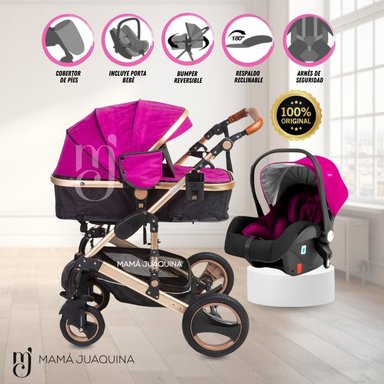COCHE CUNA BABY ZEUS ROSADO VOYAGE FUCSIA TRAVEL SYSTEM CON PORTA BEBÉ