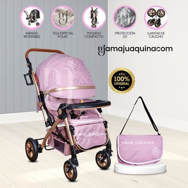 COCHE CUNA DE LUJO «BARCELONA» CON BOLSO PAÑALERO ROSADO