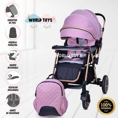 COCHE CUNA DE LUJO «LONDRES II» CON MOCHILA PAÑALERA ROSADO