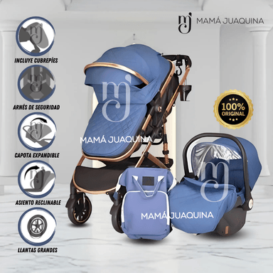 COCHE CUNA DE LUJO 3 EN 1 «THORINE PLUS 3 EN 1 CON BOLSO PAÑALERO Y PORTABEBÉ AZUL