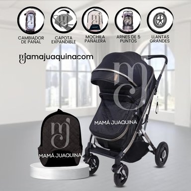 COCHE CUNA PARA BEBÉ «STAR» CON BOLSO PAÑALERO NEGRO