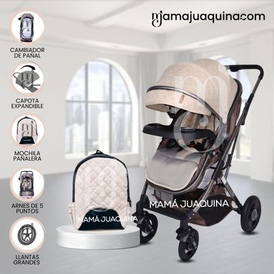 COCHE CUNA PARA BEBÉ «STAR» CON BOLSO PAÑALERO BEIGE