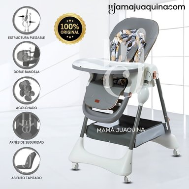 SILLA DE COMER PLEGABLE «YUMI» CON DOBLE BANDEJA GRIS