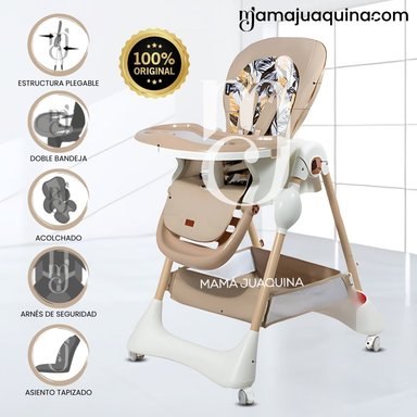 SILLA DE COMER PLEGABLE «YUMI» CON DOBLE BANDEJA BEIGE