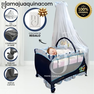 CUNA CORRAL DE LUJO «ORIANE» CON MECEDORA MOVIL BLUE