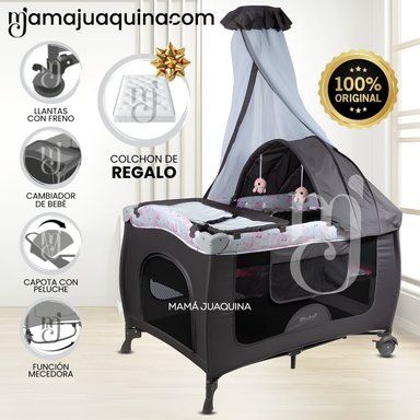 CUNA CORRAL MECEDORA «SALLY CUTE» SKY GREY CON COLCHÓN