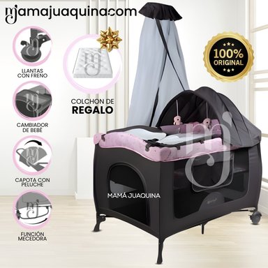 CUNA CORRAL MECEDORA «SALLY CUTE» PINK CON COLCHÓN