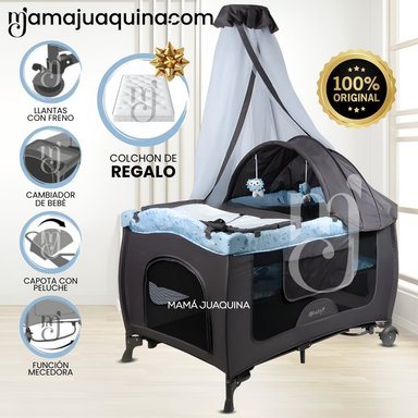 CUNA CORRAL MECEDORA «SALLY CUTE» SKY BLUE CON COLCHÓN