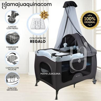 CUNA CORRAL MECEDORA «SALLY CUTE» SKY LIGHTBLUE CON COLCHÓN