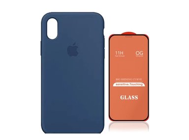 CASE IPHONE X XS SILICONA AZUL + MICA VIDRIO COMPLETO - 1