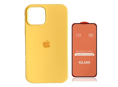 CASE IPHONE 12 PRO SILICONA AMARILLO + MICA VIDRIO COMPLETO - 1