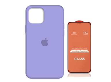 CASE IPHONE 12 PRO MAX SILICONA LILA + MICA VIDRIO COMPLETO - 1