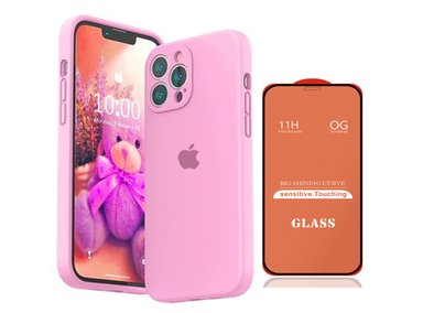CASE IPHONE 13 PRO MAX SILICONA P/CÁMARA ROSA + MICA VIDRIO COMPLETO - 1