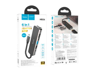 LECTOR MULTIPUERTO HOCO ADAPTADOR 6 EN 1 HB24 MULTIFUNCIÓN USB-C 60W - NEGRO - 2