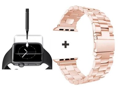 CORREA PARA APPLE WATCH 38MM METALICA ESLABON ROSA GOLD + MICA UV COMPLETA - 1