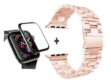 CORREA PARA APPLE WATCH 40MM METALICA ESLABON ROSA GOLD + MICA DE VIDRIO FULL GLUE 3D COMPLETO - 1