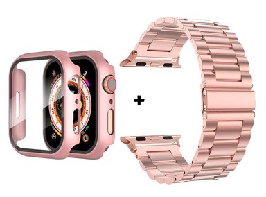 CORREA PARA APPLE WATCH 42MM METALICA ESLABON + BUMPER CON VIDRIO - ROSA - 1
