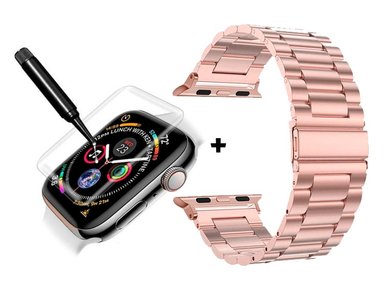 CORREA PARA APPLE WATCH 38MM METALICA ESLABON PINK + MICA UV COMPLETA - 1