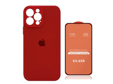 CASE IPHONE 15 PRO SILICONA CON P/CÁMARA ROJO + MICA DE VIDRIO COMPLETO - 1