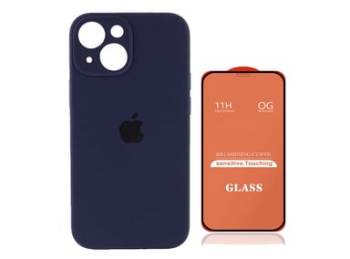 CASE IPHONE 14 SILICONA CON P/CÁMARA AZUL + MICA DE VIDRIO COMPLETO - 1