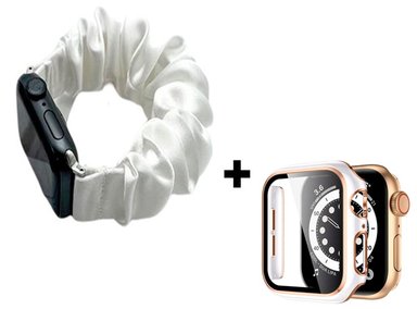 CORREA APPLE WATCH ELÁSTICA LISA + CASE BUMPER METALIZADO 44MM BLANCO - 1