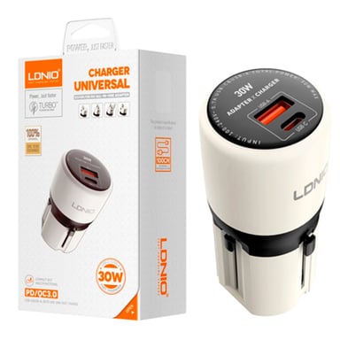 CARGADOR LDNIO Q2319 DE 30W 2 PUERTOS USB-A+USB-C GAN TECH BLANCO - 1