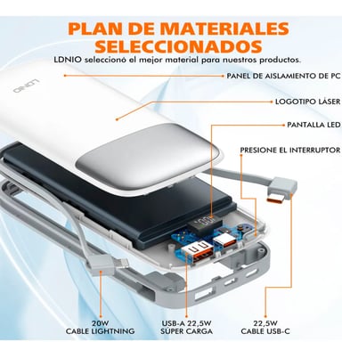 POWER BANK BATERIA EXTERNA LDNIO PQ19 DIGITAL DE 10000MAH BLANCO - 5