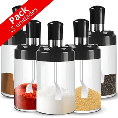 SET X5 CONDIMENTEROS ESPECIEROS FRASCOS DE VIDRIO CON CUCHARITA 826C