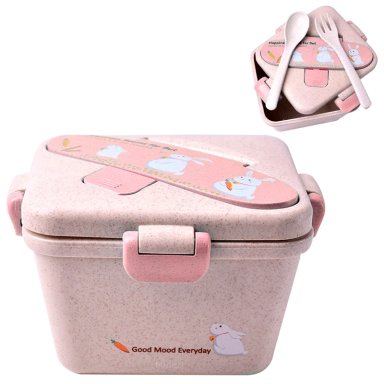 TÁPER LONCHERA DE FRUTAS ALIMENTOS PARA NIÑOS + CUBIERTOS ROSA L97