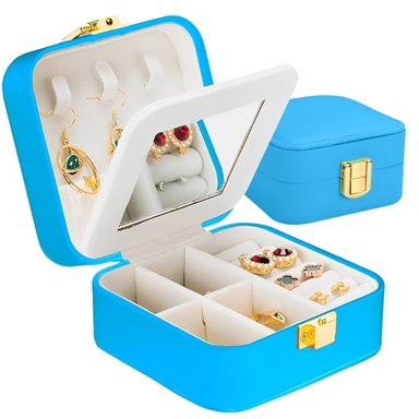 JOYERO MINARI CON BROCHE CELESTE CON ESPEJO ANILLOS ESTUCHE DE VIAJE PORTÁTIL CL J136