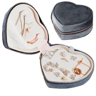 JOYERO MINARI CORAZÓN TERCIOPELO GRIS ORGANIZADOR DE JOYAS ANILLOS PORTÁTIL G C137