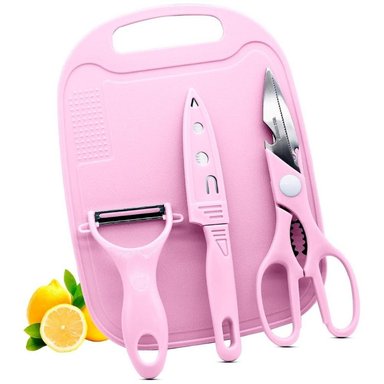 SET TABLA PICAR MINARI + CUCHILLO + PELADOR + TIJERA COCINA ROSADO C51