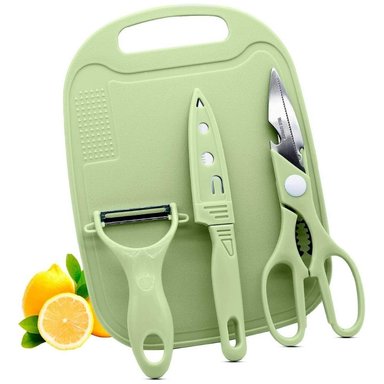 SET TABLA DE PICAR Y CUCHILLO Y PELADOR Y TIJERA PARA COCINA VD C51