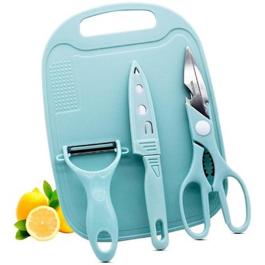 SET TABLA PICAR MINARI + CUCHILLO + PELADOR + TIJERA COCINA CELESTE C51