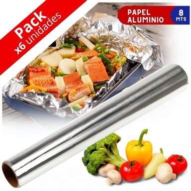 PACK X6 PAPEL ALUMINIO EN ROLLO PARA COCINA 8 METROS PA8