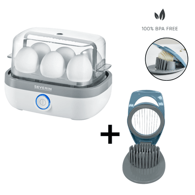 COMBO HERVIDOR DE HUEVOS BLANCO + CORTADOR DE HUEVOS MULTIUSOS