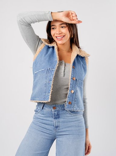 CHALECO DENIM CON FORRO CARNERO DAMA