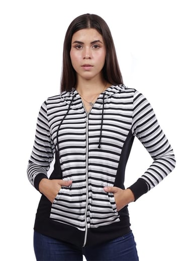 CASACA ALGODÓN MUJER AZAYU NEGRO LISTADA CON CAPUCHA - 1