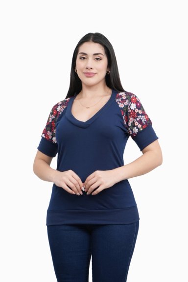 POLO MUJER CON MANGA FLOREADA CON PUÑO Y CUELLO RIB