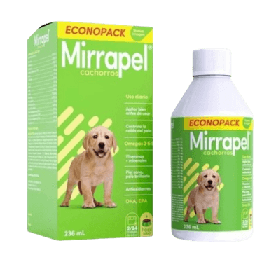 JARABE PERROS Y GATOS MIRRAPEL CACHORROS RAZA MEDIANA 236ML CONTROL CAÍDA DEL PELO