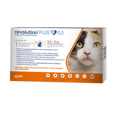 ANTIPULGAS GATO REVOLUTION 0.50 ML UNIDAD 2.5 - 5 KG 3 PLUS NARANJA